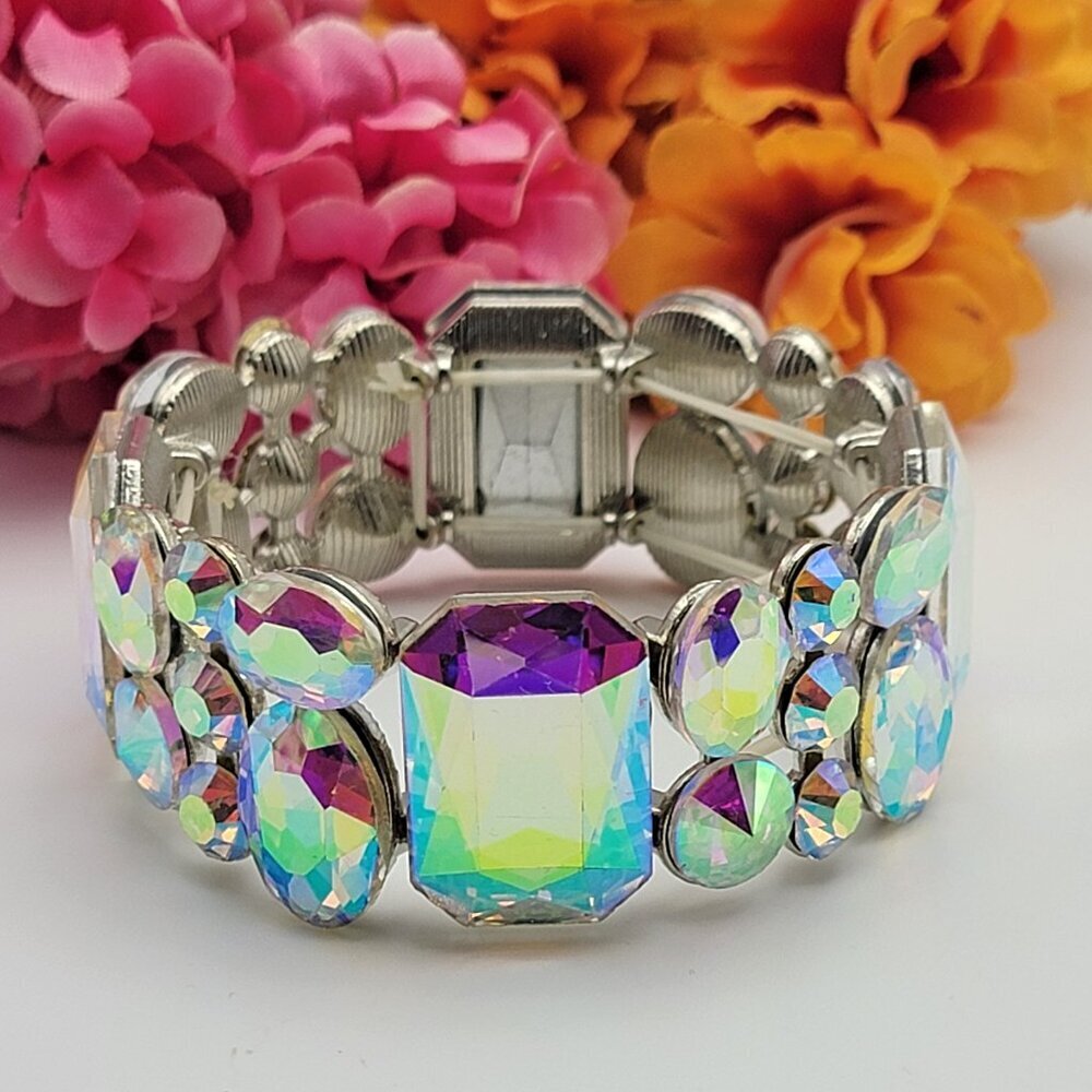 Art Deco Aurora Borealis Rhinestone Stretch Bracelet 7" Adj. Statement Bling